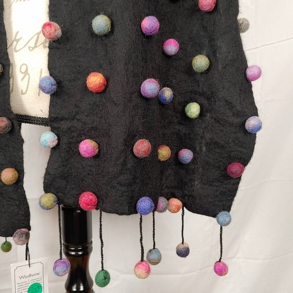 Sugar Dot Wool & Silk Black with Multicolored Wool Balls Scarf Handmade NWT - Picture 4 of 11